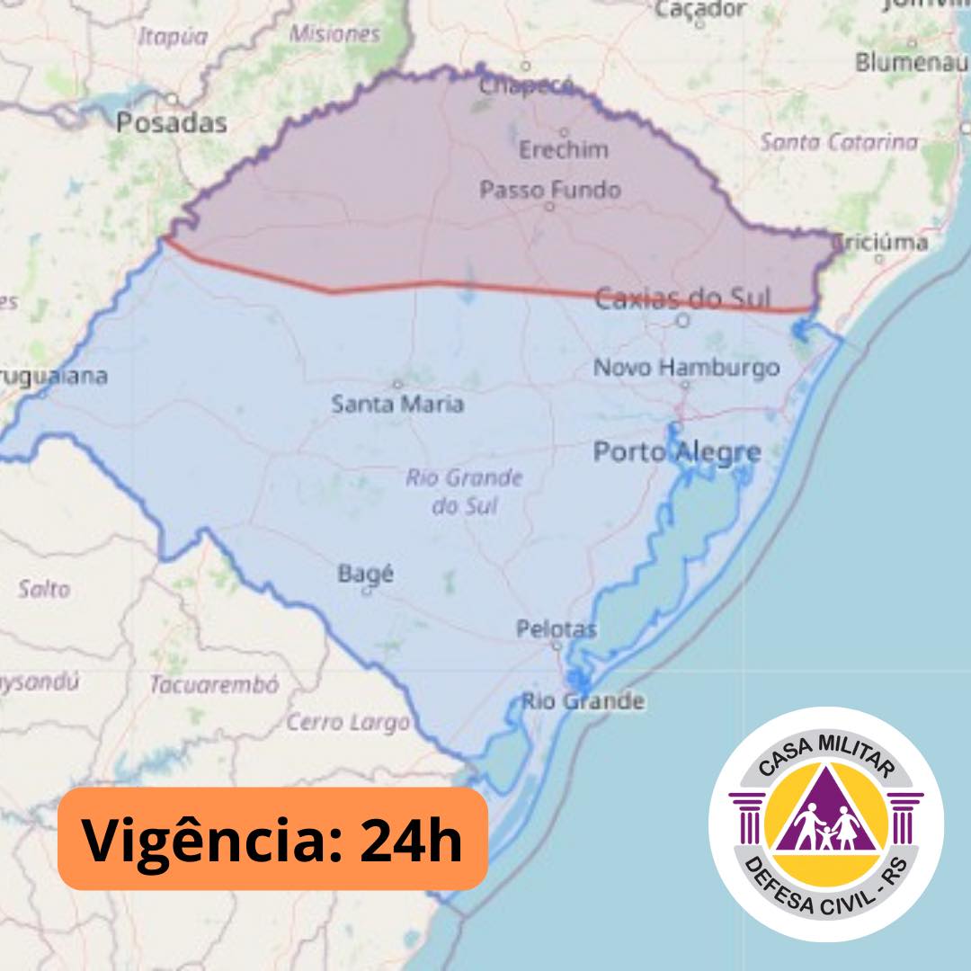 Defesa Civil emite alerta para chuvas intensas em parte do Rio Grande do Sul