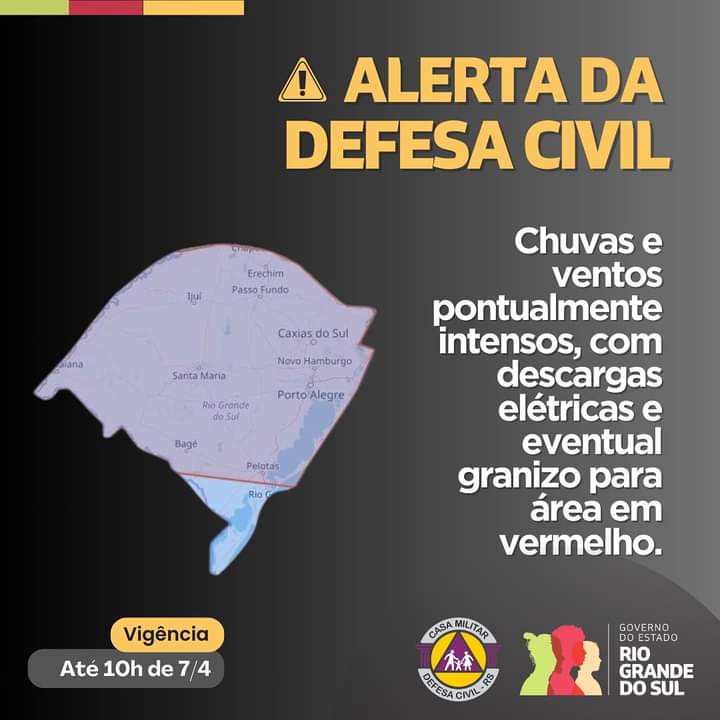 Defesa Civil alerta para chuvas intensas, ventos fortes e eventual queda de granizo