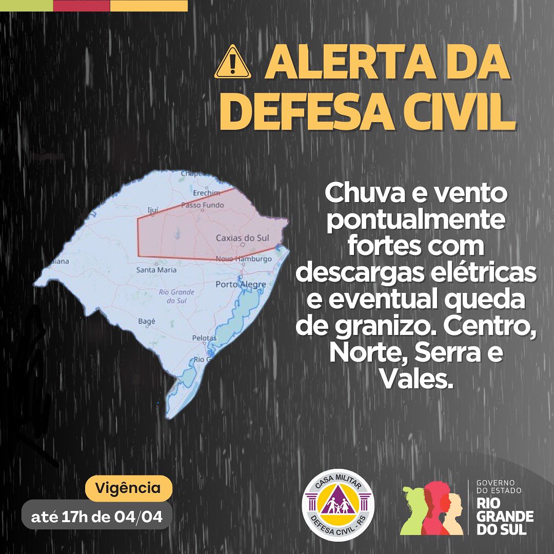 Defesa Civil emite alerta para chuva e ventos fortes em parte do Rio Grande do Sul