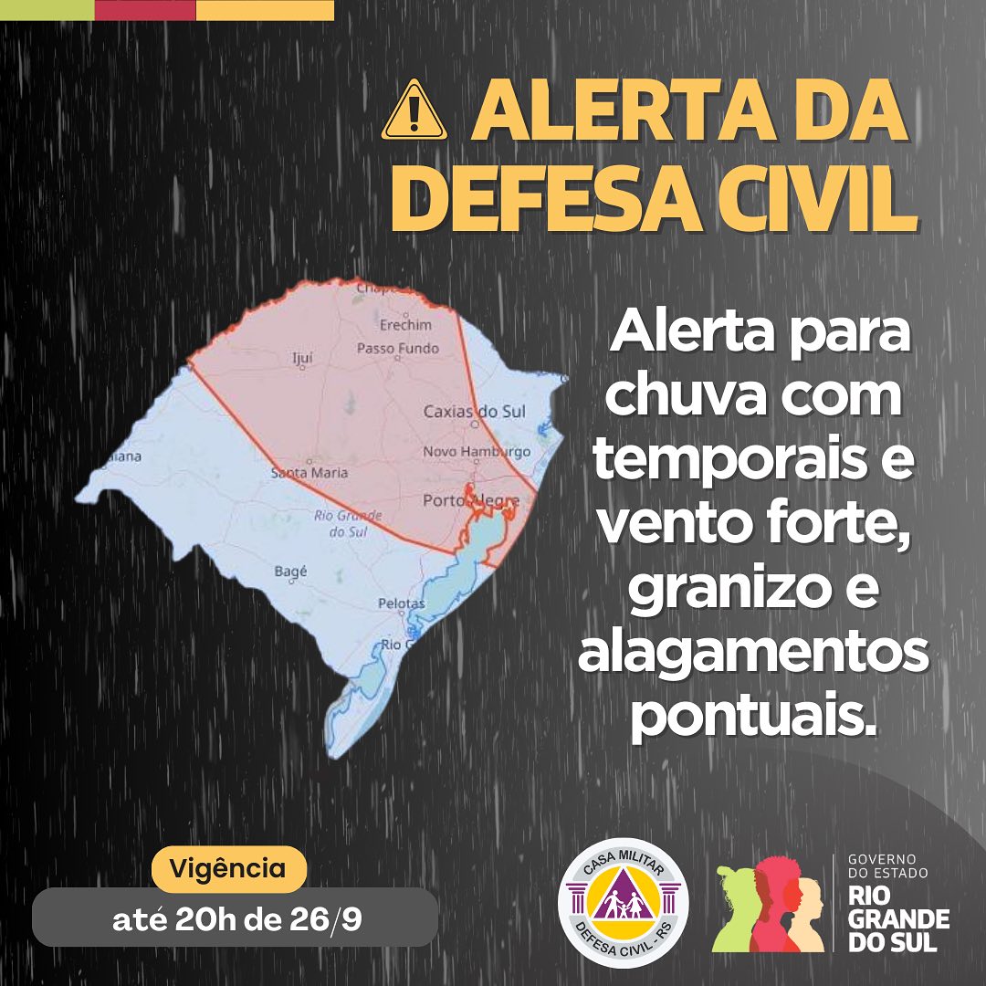 Defesa Civil emite alerta para temporais e possíveis alagamentos em parte do Estado