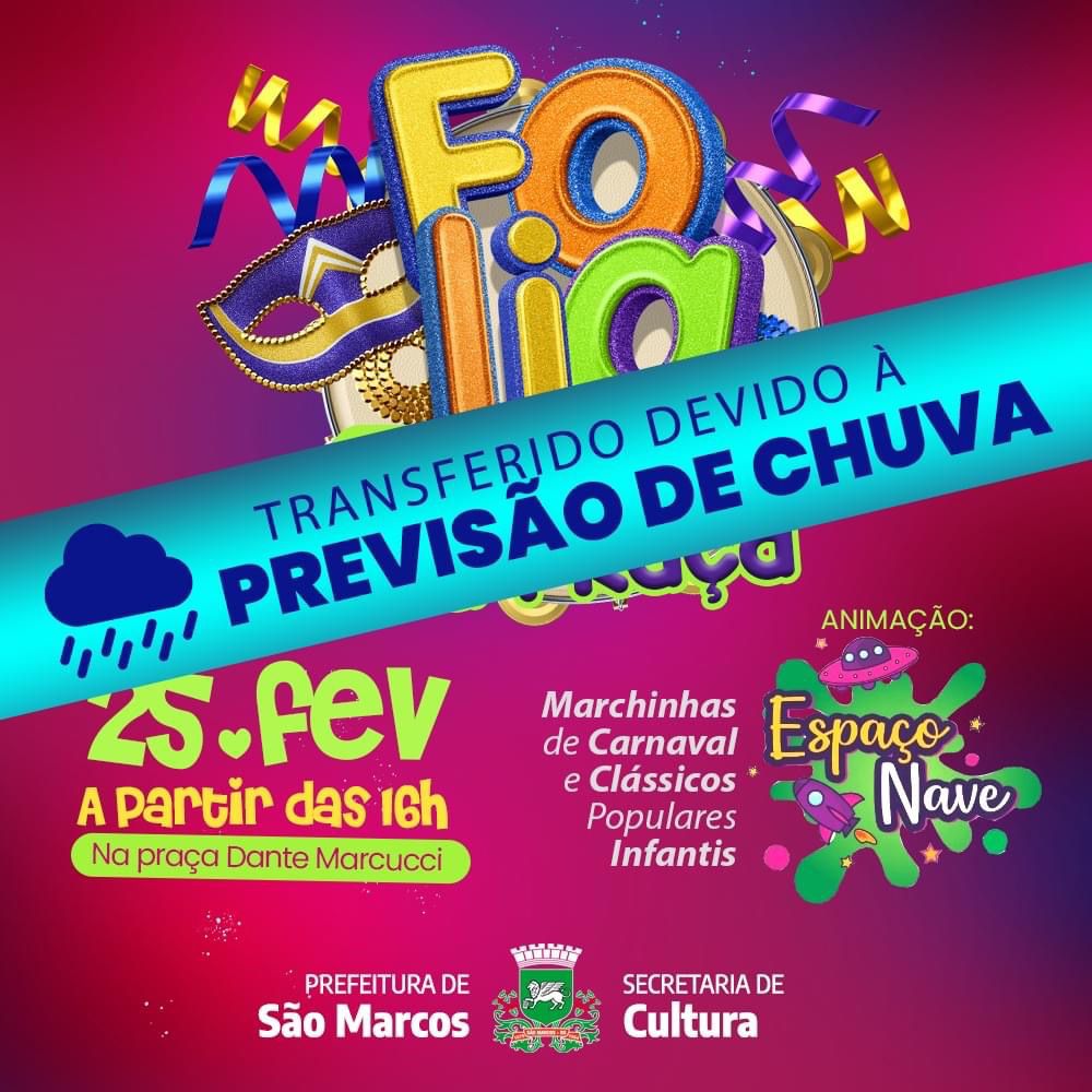 Folia Infantil que aconteceria neste sábado foi transferido devido a previsão de chuva