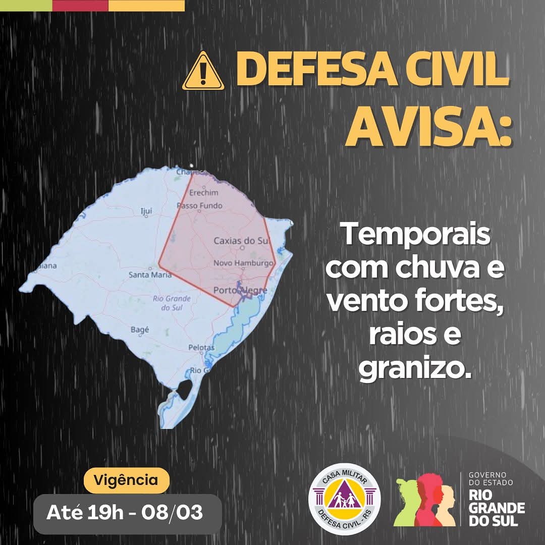 Defesa Civil emite alerta para temporais intensos em várias regiões do estado