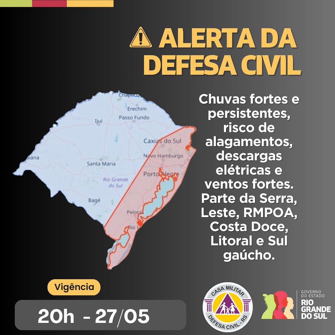 Defesa Civil emite alerta sobre chuvas e tempestades para esta segunda-feira
