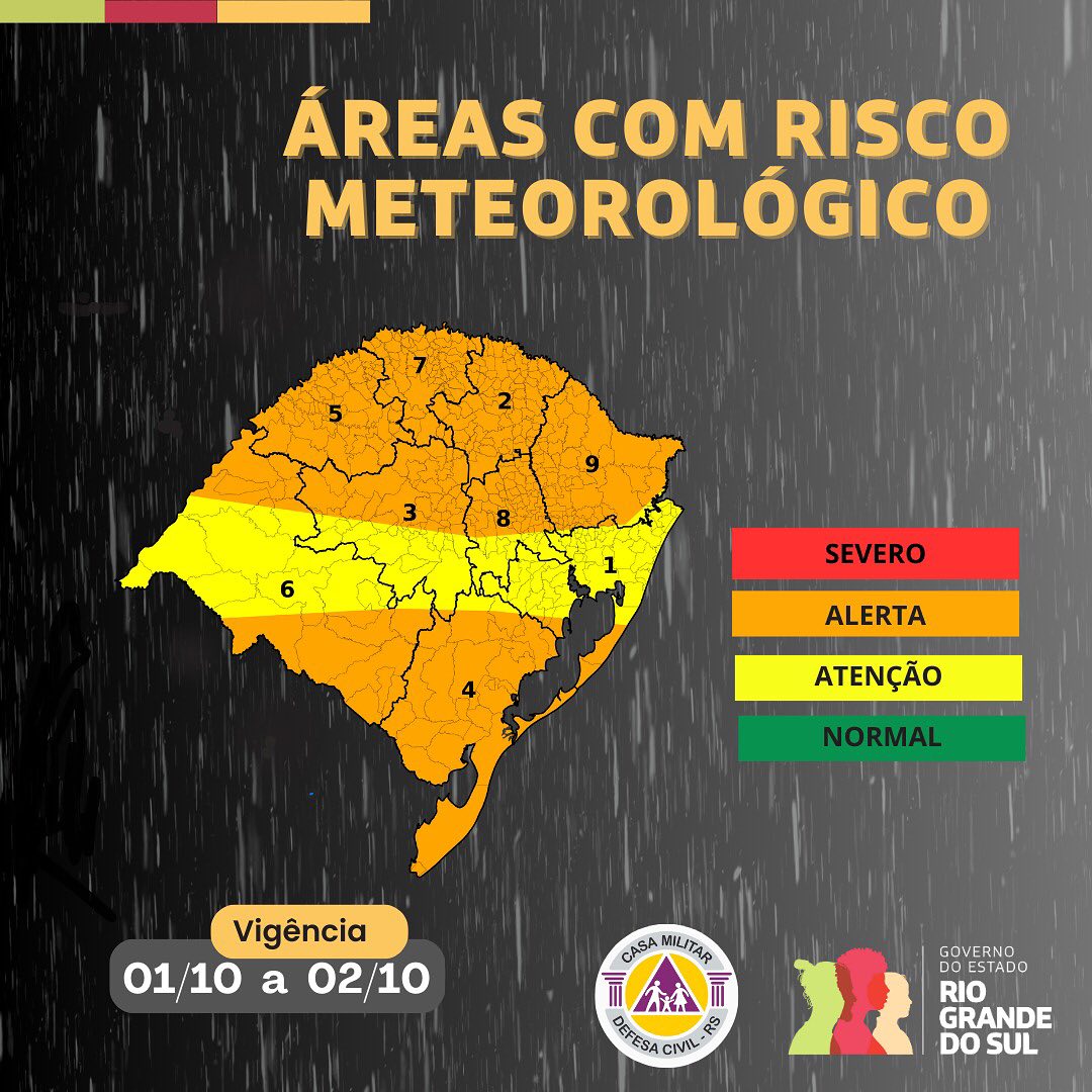 Previsão de temporais e vento forte no RS: acumulados de até 80 mm e risco de granizo