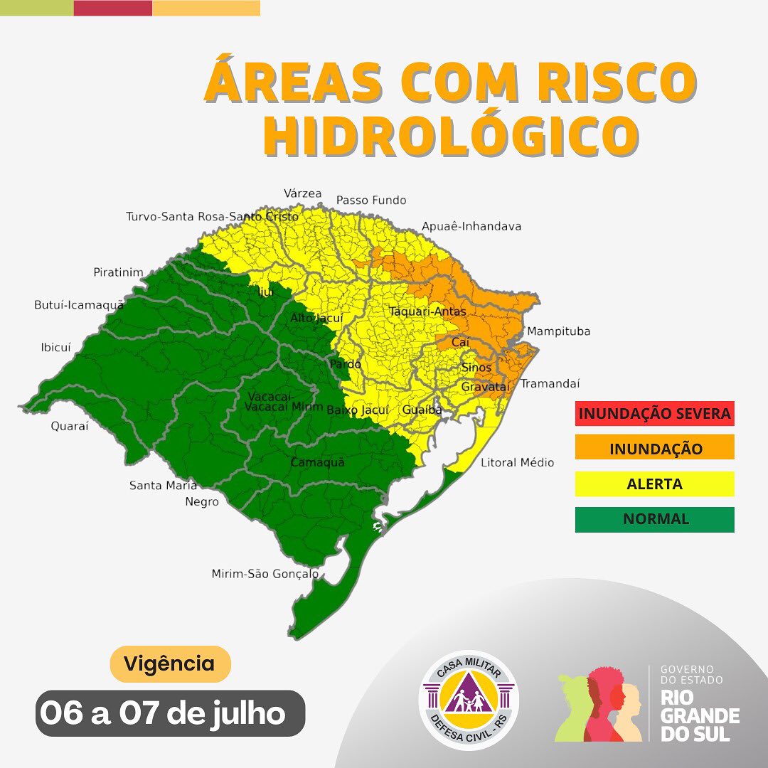 Níveis hidrológicos em atenção no Rio Grande do Sul devido a previsão de chuvas intensas