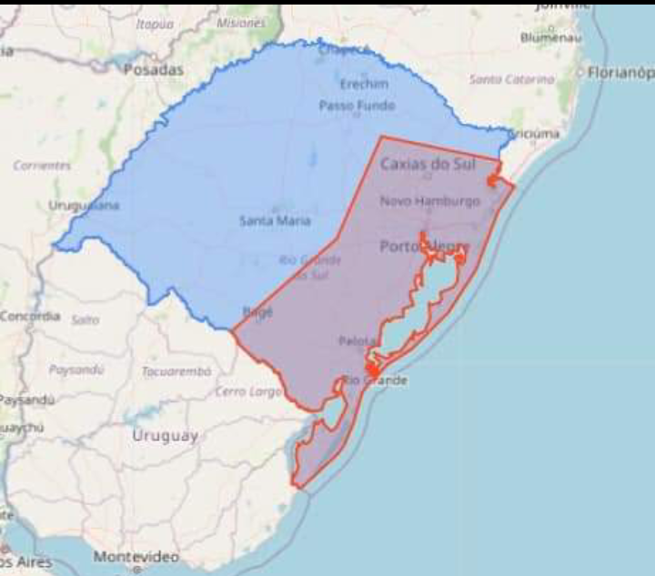Alerta de chuvas intensas para a área em vermelho no mapa