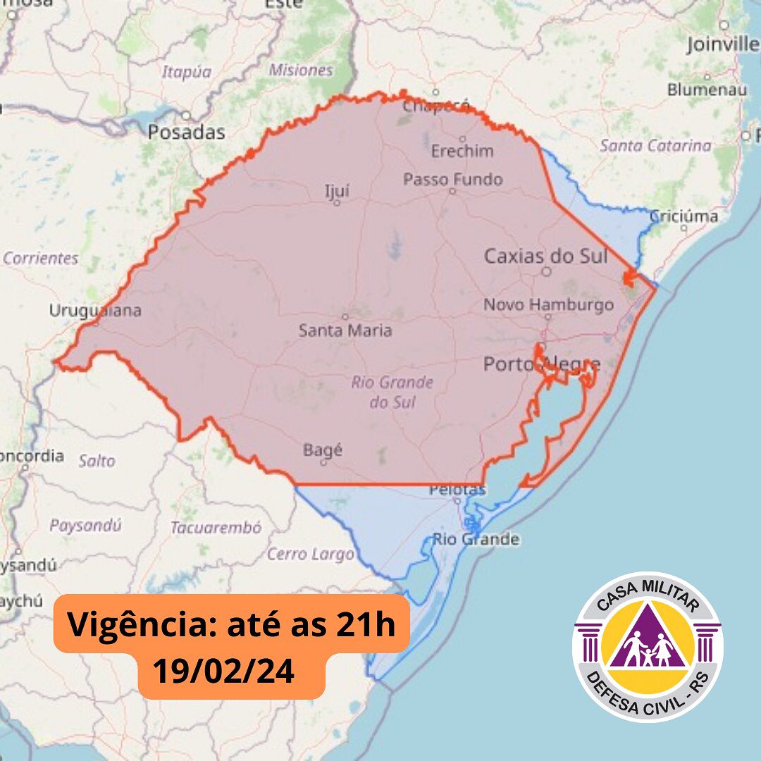 Defesa Civil emitiu alerta para chuvas intensas e ventos fortes para grande parte do Estado nesta segunda-feira