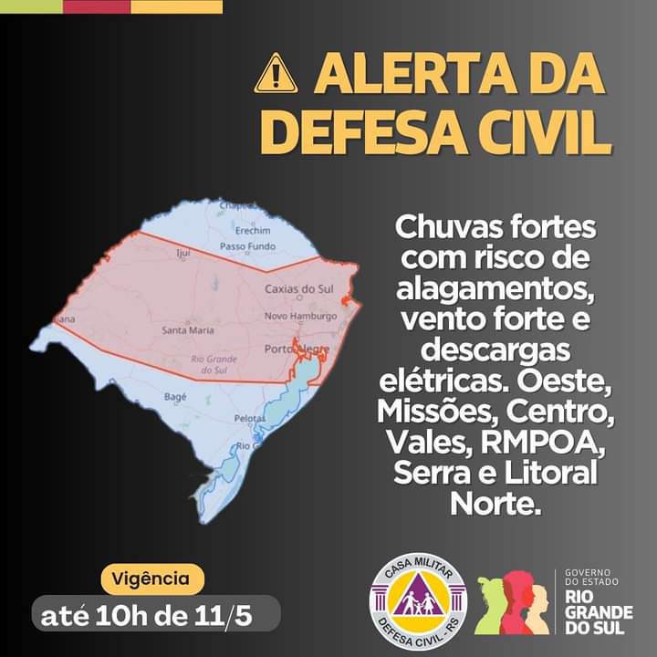 Defesa Civil alerta para chuvas fortes com risco de alagamentos e descargas elétricas