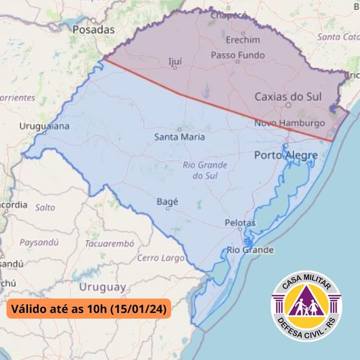 Defesa Civil emite novo alerta válido até a manhã desta segunda-feira