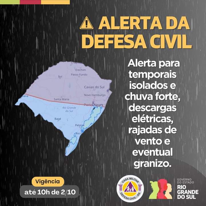 Defesa Civil emite alerta para temporais e chuva forte com risco de granizo até quarta-feira