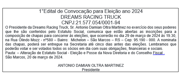 Edital de Convocação para eleição ano 2024 Dreams Racing Truck