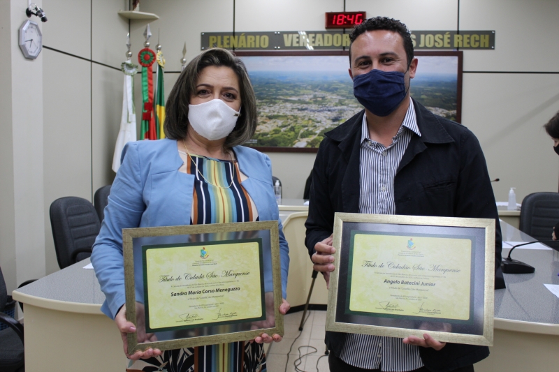 Angelo Batecini Junior e Sandra Maria Corso Meneguzzo receberam Título de Cidadão São-Marquense