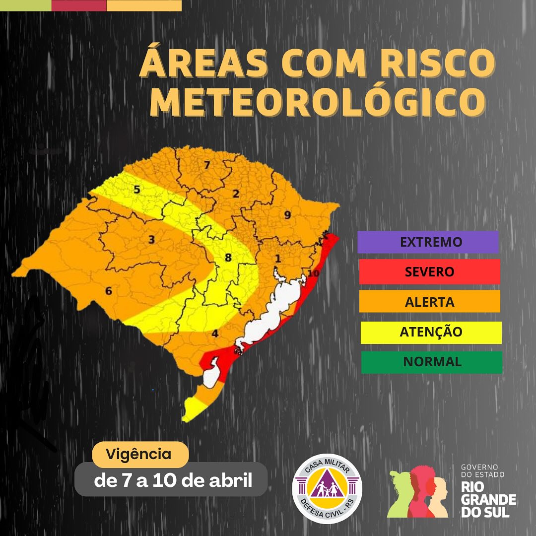 Defesa Civil emite alerta de evento climático severo com risco de temporais, alagamentos e ventos de até 80 km/h