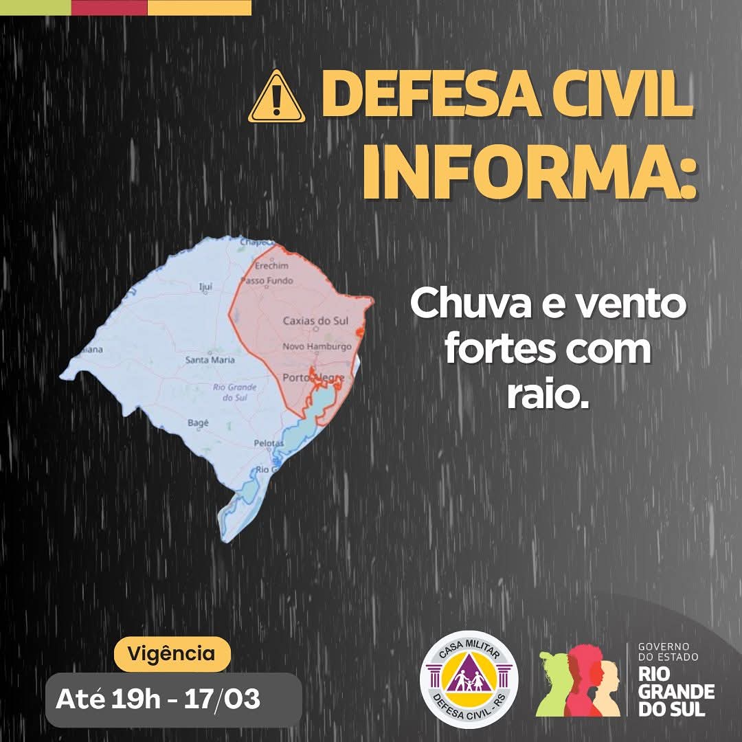 Defesa Civil alerta para temporais com vento forte e raios em algumas regiões
