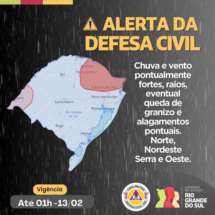 Defesa Civil alerta para temporais com risco de alagamentos e granizo
