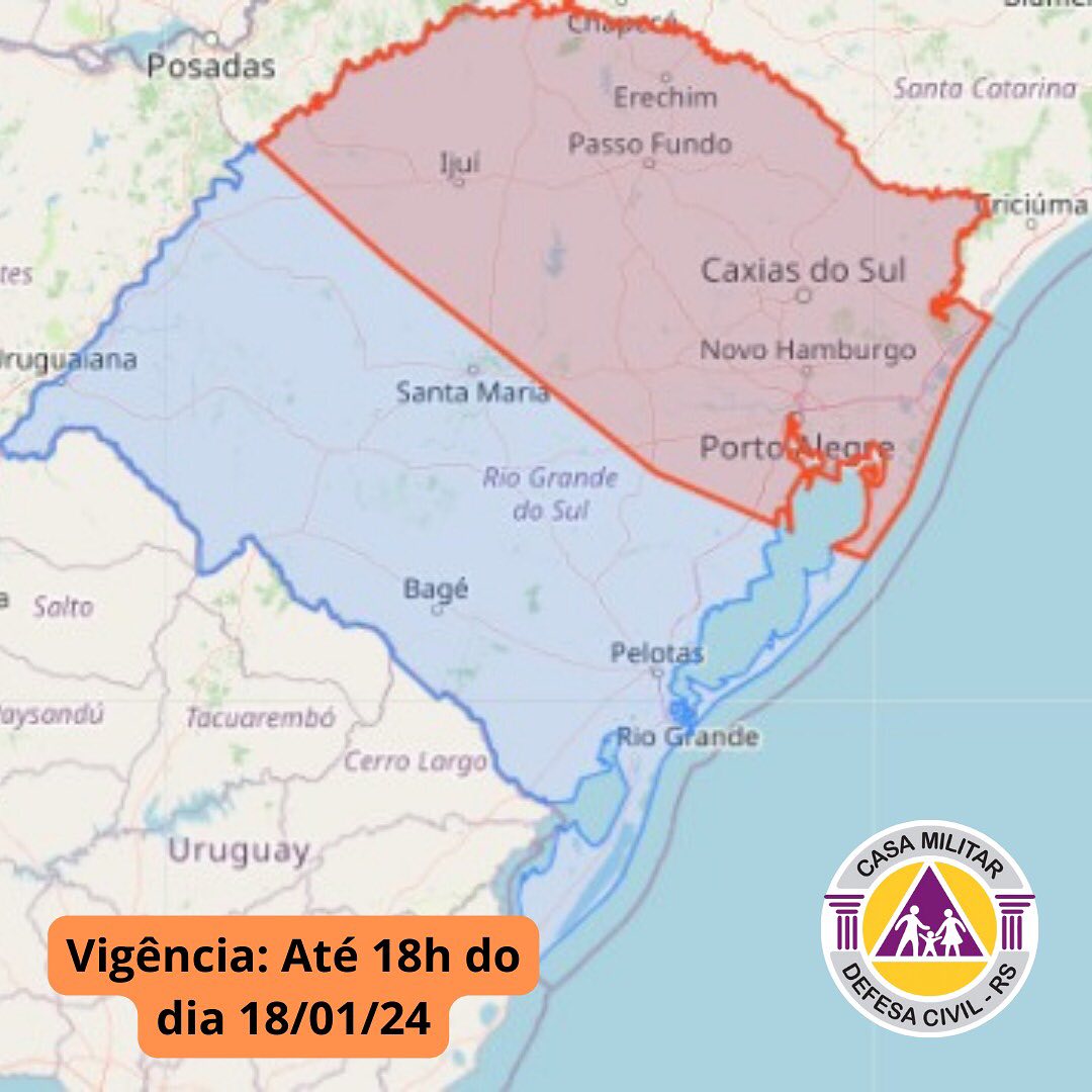 Defesa Civil emite alerta para riscos de alagamentos e inundações em diversas regiões do RS