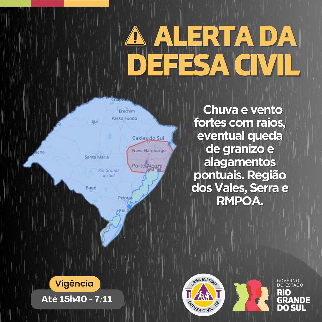 Defesa Civil emite alerta para temporais com risco de alagamentos e queda de granizo