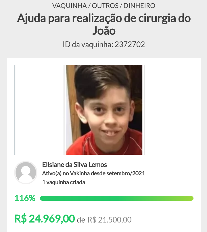Vaquinha em prol de João Pedro supera a meta em menos de 6 horas