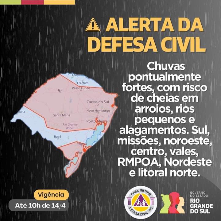 Defesa Civil alerta para chuvas intensas e riscos de cheias no Rio Grande do Sul