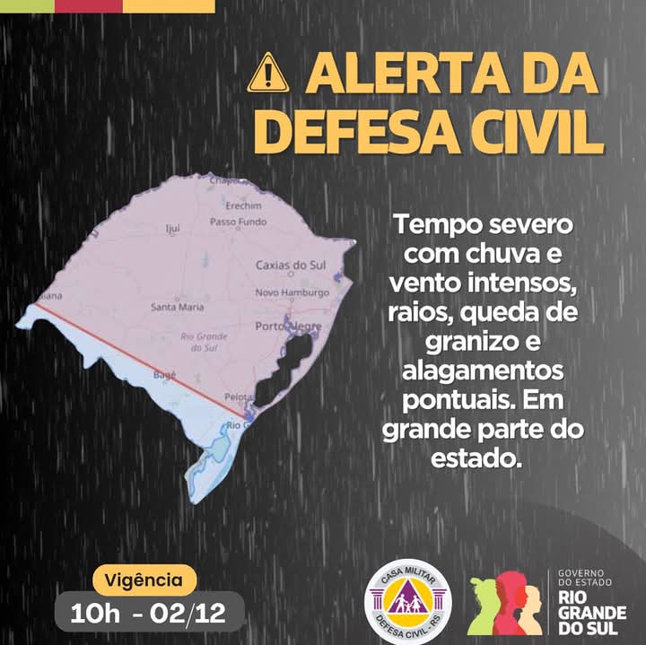 Defesa Civil emite alerta para tempo severo com riscos de alagamentos e granizo