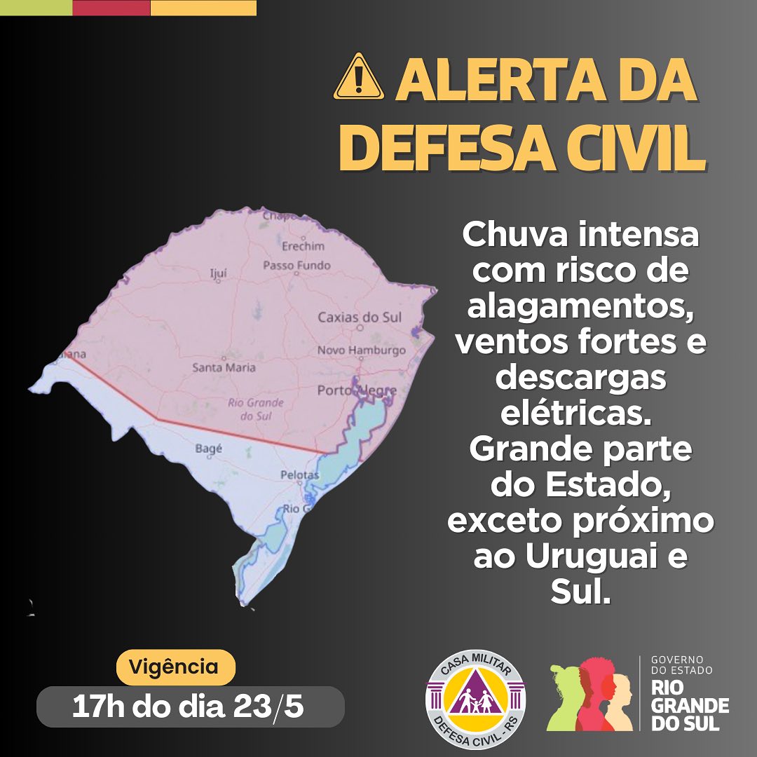 Defesa Civil emite alerta de chuvas intensas com risco de alagamentos, ventos fortes e descargas elétricas