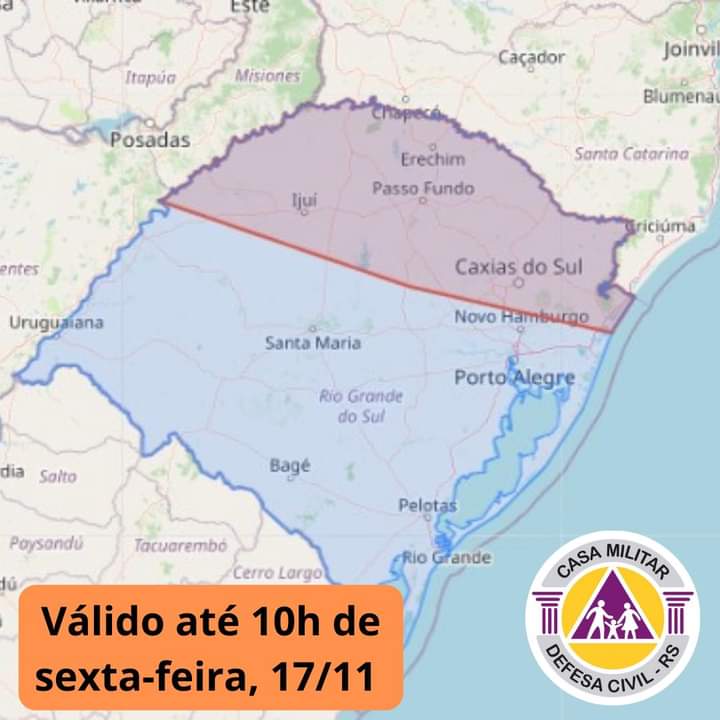 Defesa Civil emite alerta de temporais para parte do Rio Grande do Sul