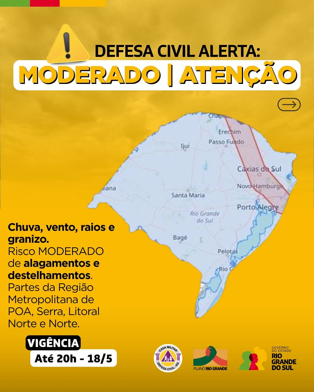Defesa Civil emite alerta de risco moderado para temporais neste domingo (18)