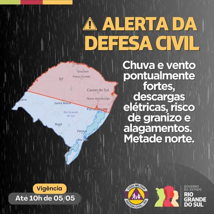 Defesa Civil emite alerta para chuvas e ventos fortes até domingo